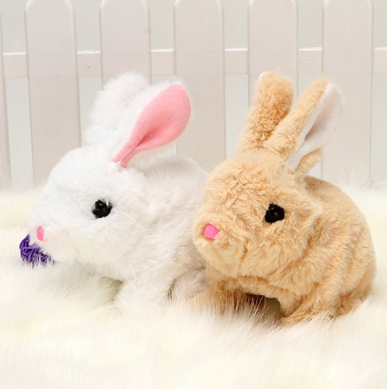 Two plush rabbits, one white and one tan, designed as an interactive educational toy for kids, promoting learning and play