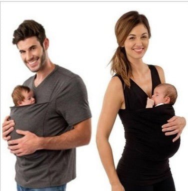 Couple wearing Kangaroo Mom T-shirts, featuring front pockets for safely carrying newborns while retaining style