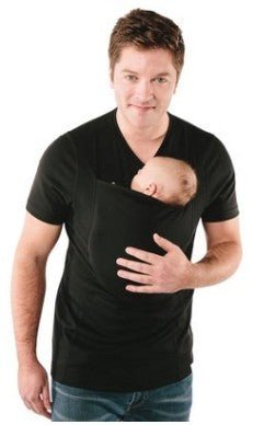 Man wearing a Kangaroo Mom T-shirt featuring a front pouch for carrying a baby comfortably and stylishly