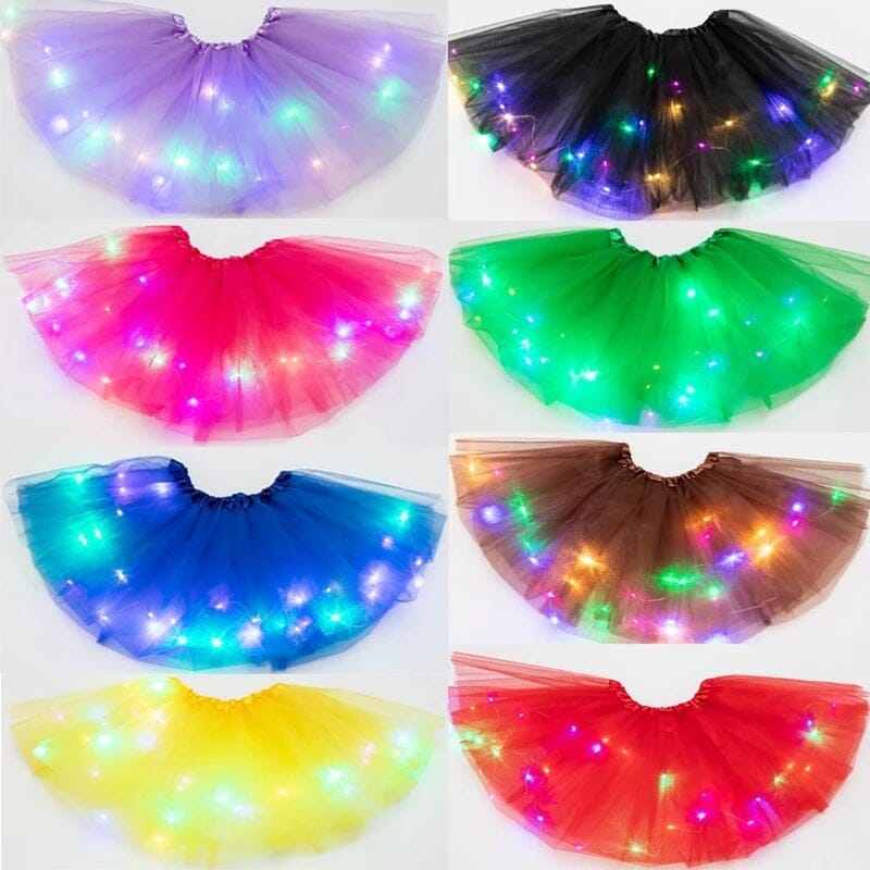 Colorful LED tutu skirt for kids featuring a light-up design in vibrant hues like pink, blue, and green, perfect for parties