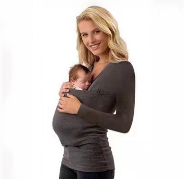 Fashion kangaroo mom long sleeve shirt in gray, designed for breastfeeding with baby carrier feature for convenience and comfort.