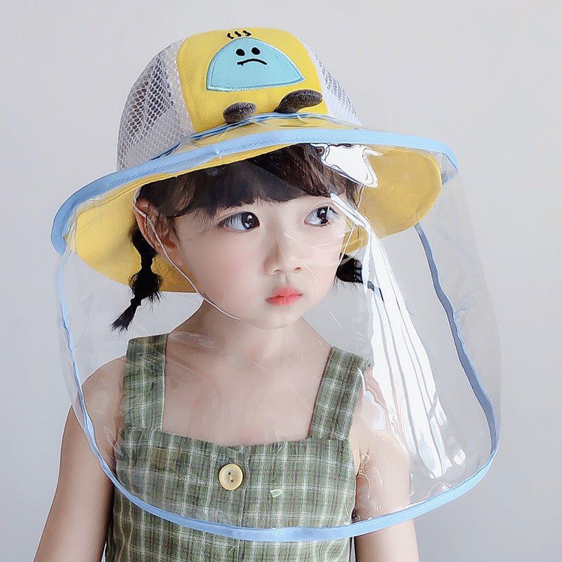 Child wearing a colorful anti-spitting fisherman hat with a clear face shield, perfect for outdoor activities