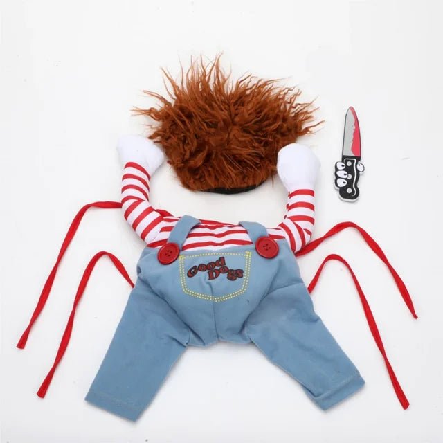 Funny Halloween pet costume featuring a dog knife costume with striped shirt and blue overalls, perfect for funny pet costumes for Halloween