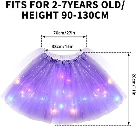 Magical LED tutu skirt for kids with purple tulle and colorful lights, ideal for ages 2-7 years, perfect for parties