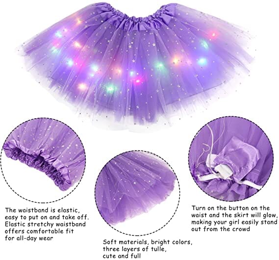 Colorful LED tutu skirt for kids made with soft materials and three layers of tulle for a magical look