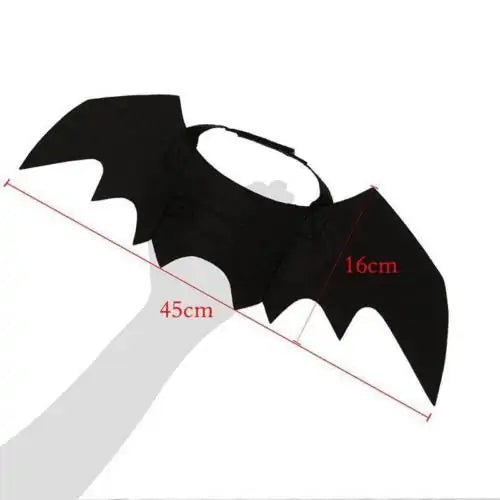 Halloween pet costume for cats featuring a black bat wing design, measuring 45cm wide and 16cm tall for festive fun