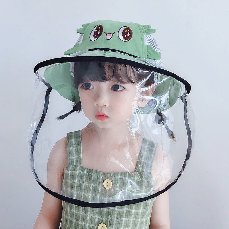 Adorable anti-spitting fisherman hat for kids featuring a playful design and a clear face shield for protection