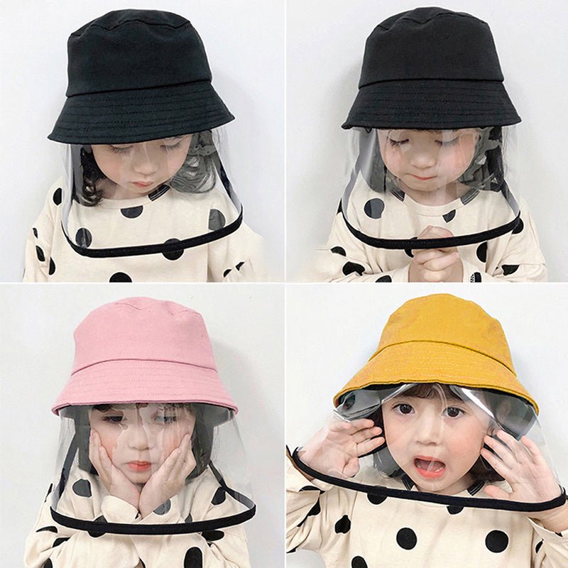 Kids protective hat for spitting featuring a dustproof fisherman style with a clear face shield for added protection