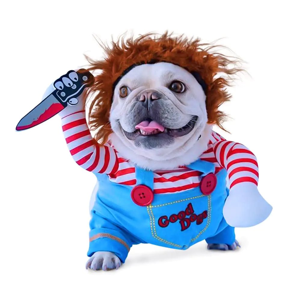 Funny Halloween pet dog costume featuring a French Bulldog in a striped shirt, blue overalls, and a faux knife for funny pet costumes for Halloween