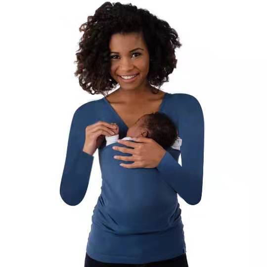 Fashion kangaroo mom long sleeve shirt in blue, designed for comfort while holding a baby with easy access for nursing