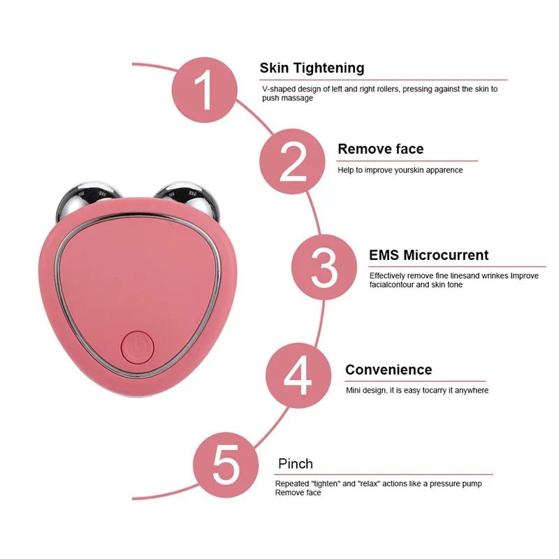 Facial micro-current beauty device in pink with V-shaped design for skin tightening and lifting, featuring dual rollers for effective facial massage