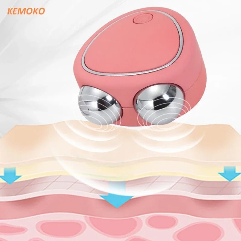 Facial micro-current beauty device in pink with two metallic spheres, designed for skin lifting and rejuvenation