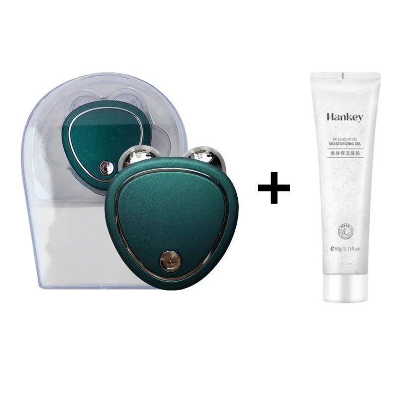 Facial micro-current beauty device in green, accompanied by moisturizing gel for enhanced skincare benefits