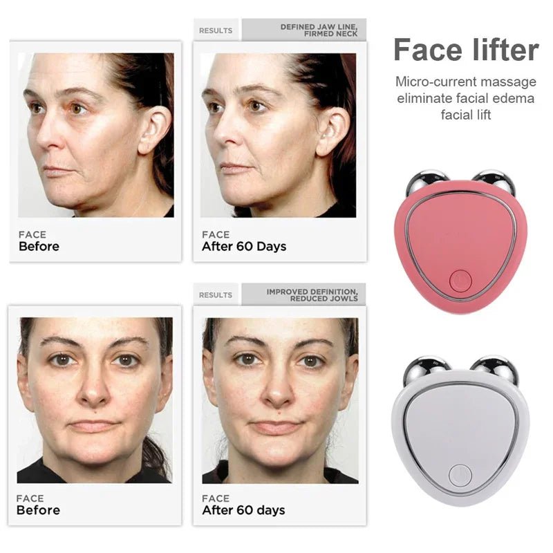 Facial micro-current beauty device showcased with before and after photos showing improved skin firmness and reduced wrinkles