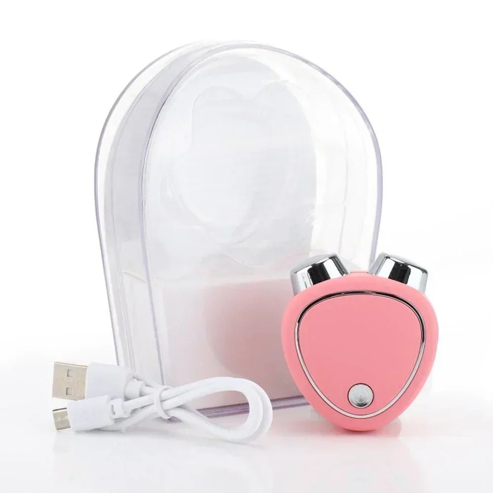 Compact pink facial micro-current beauty device for lifting, includes charging cable and protective case for easy storage.