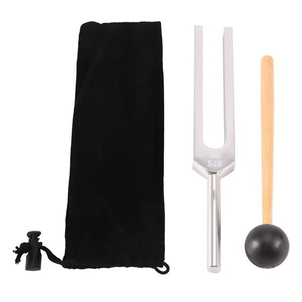 1/4 Pack Tuning Fork Set with 528 Hz tuning fork benefits, including wooden mallet and carrying pouch for sound therapy