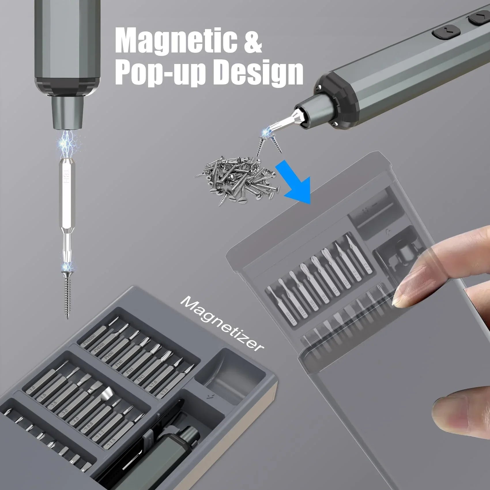 68-in-1 mini electric screwdriver set featuring a magnetic and pop-up design for easy access to bits and screws