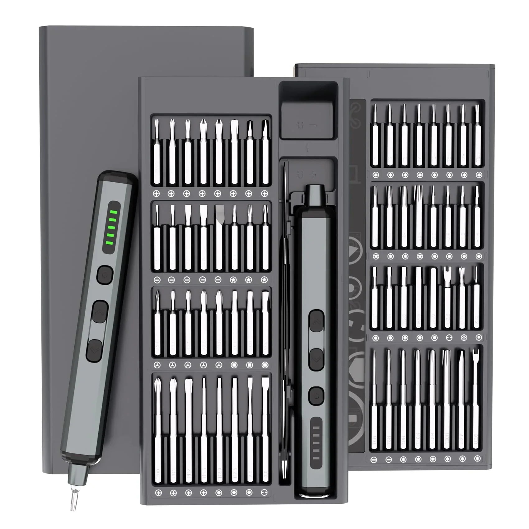 68-in-1 mini electric screwdriver set with magnetic bits in a sleek gray storage case for versatile repair tasks