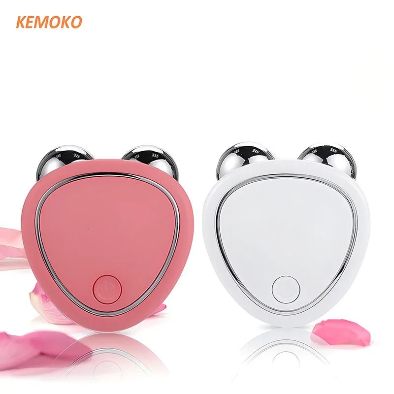 Dual-colored facial micro-current beauty device in pink and white, designed for skin lifting and rejuvenation.