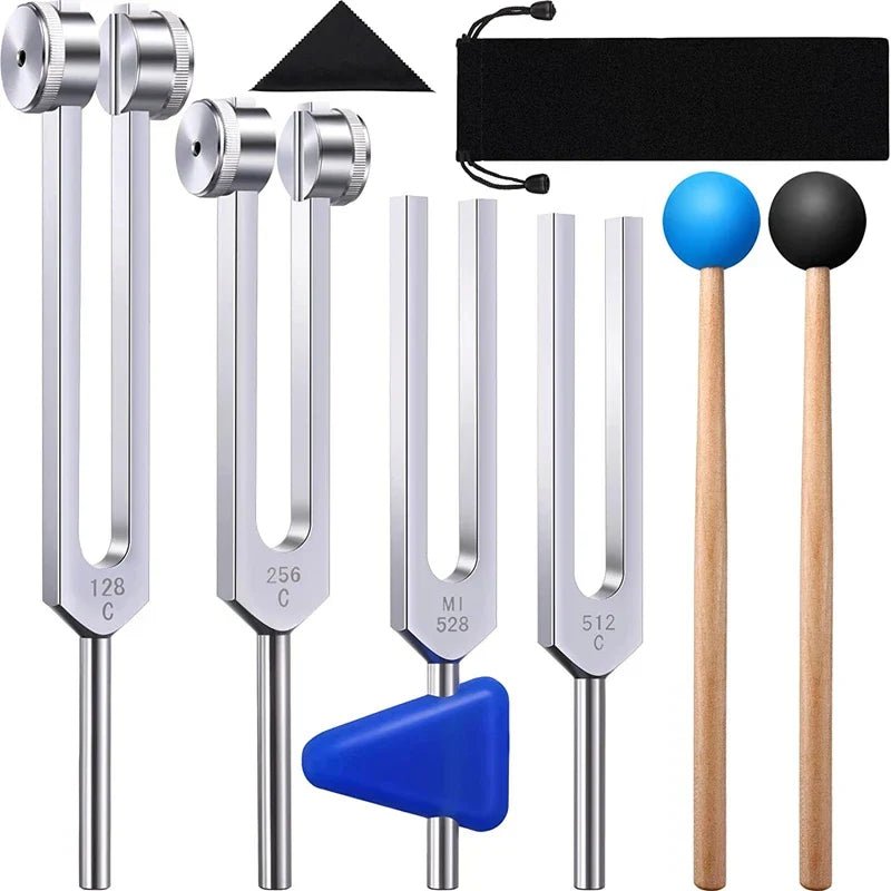 1/4 pack tuning fork set including 128 Hz, 256 Hz, 512 Hz, and 528 Hz tuning fork benefits with mallets and pouch