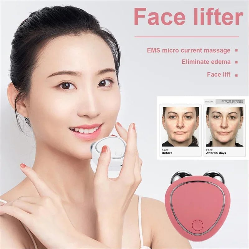 Woman using a facial micro-current beauty device for lifting, showcasing its design and effects on skin rejuvenation