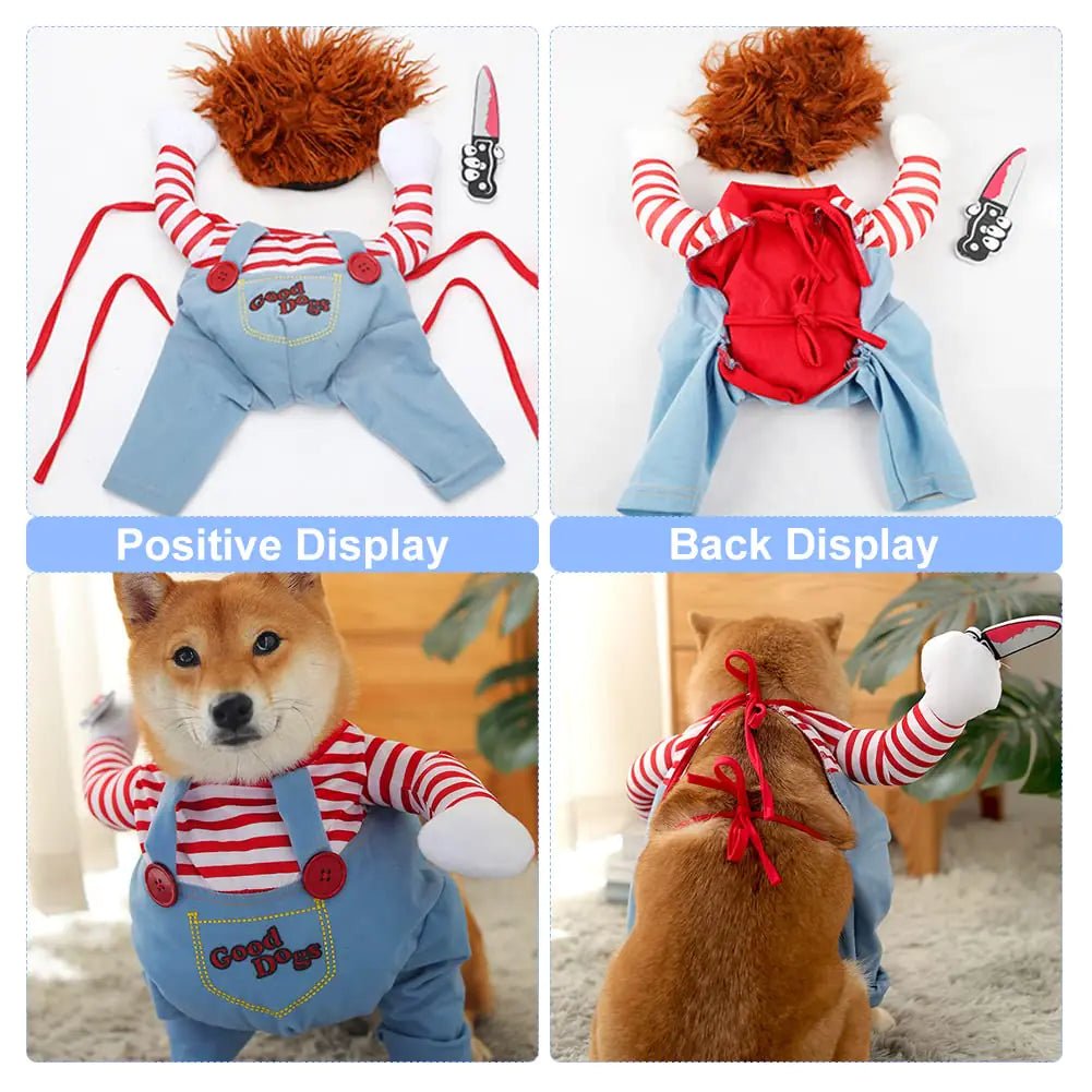 Funny Halloween pet dog costume featuring a playful design with knife accessory and overalls, perfect for funny pet costumes for Halloween.