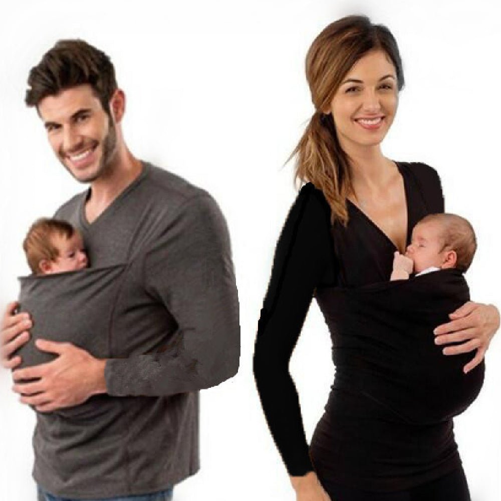 Couple wearing kangaroo mom long sleeve shirt with baby safely and comfortably snuggled in front for hands-free parenting