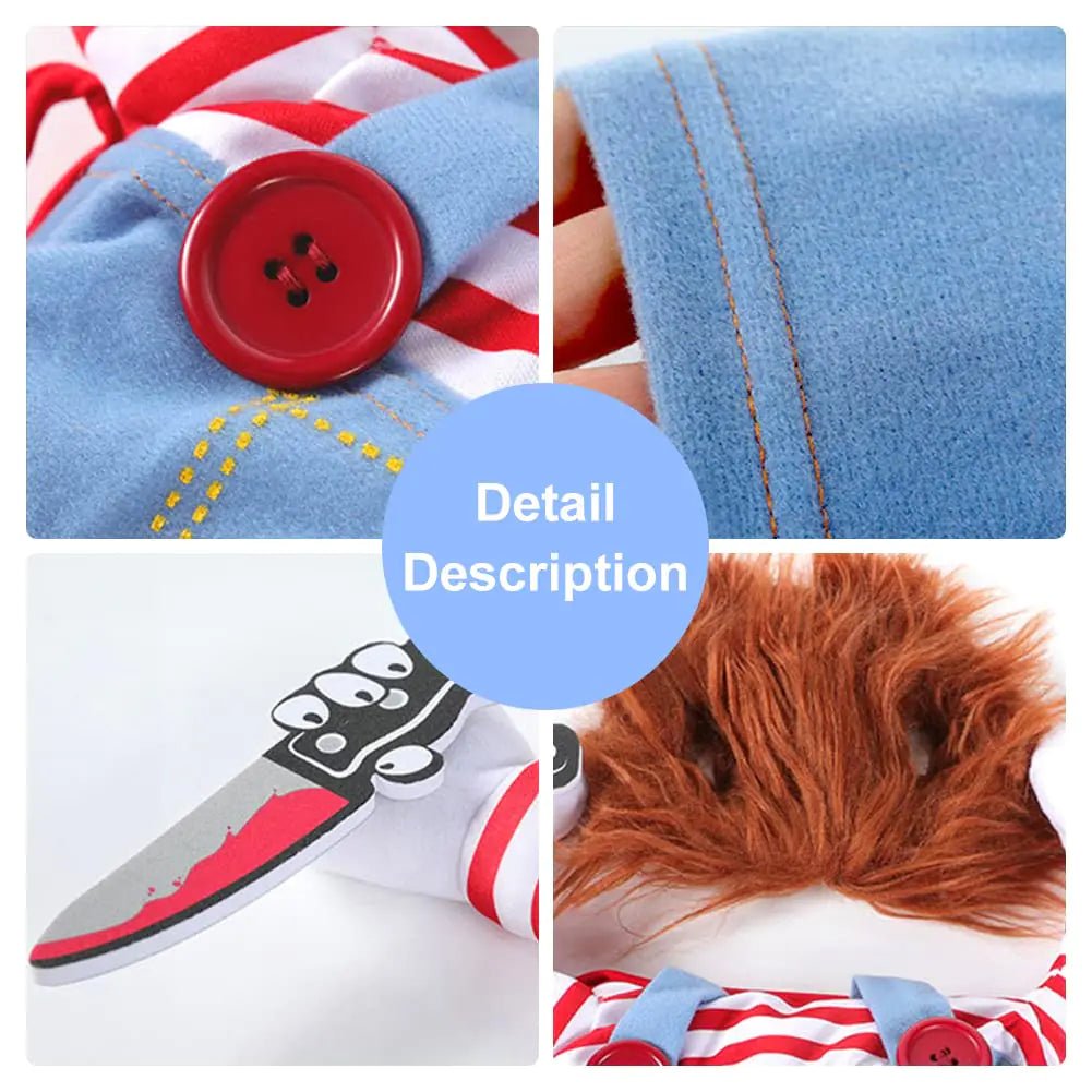 Funny dog costume featuring a knife design with red and white striped pattern, perfect for funny pet costumes for Halloween