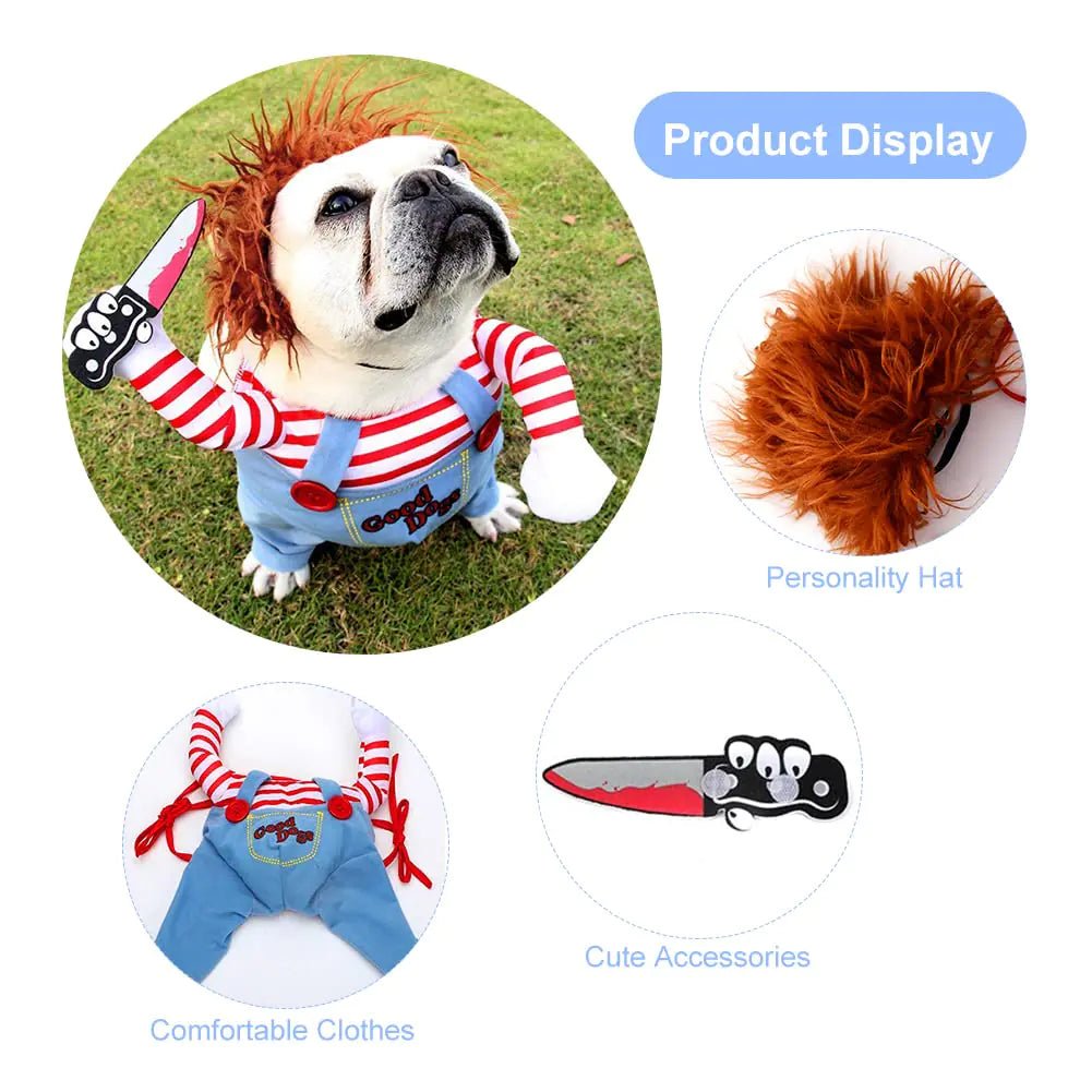 Funny Halloween pet dog costume featuring a furry red-haired outfit with a cute knife accessory, perfect for funny pet costumes for Halloween.