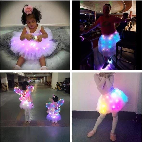 Girls wearing magical LED tutu skirts for kids, featuring colorful glowing lights, perfect for dance or parties