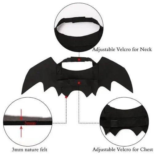 Adjustable Halloween pet costume for cats featuring a bat design with Velcro straps for neck and chest fitting